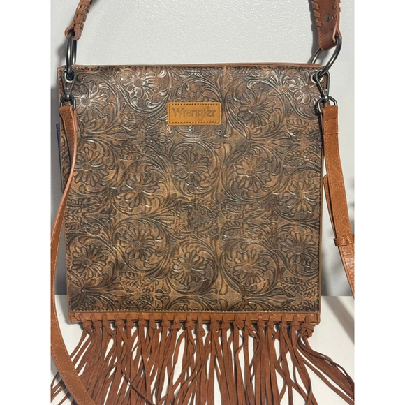 Wrangler Brown Floral Embossed Western Fringe Crossbody Shoulder Bag Cowgirl - Picture 2 of 11